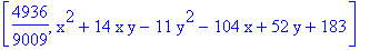 [4936/9009, x^2+14*x*y-11*y^2-104*x+52*y+183]